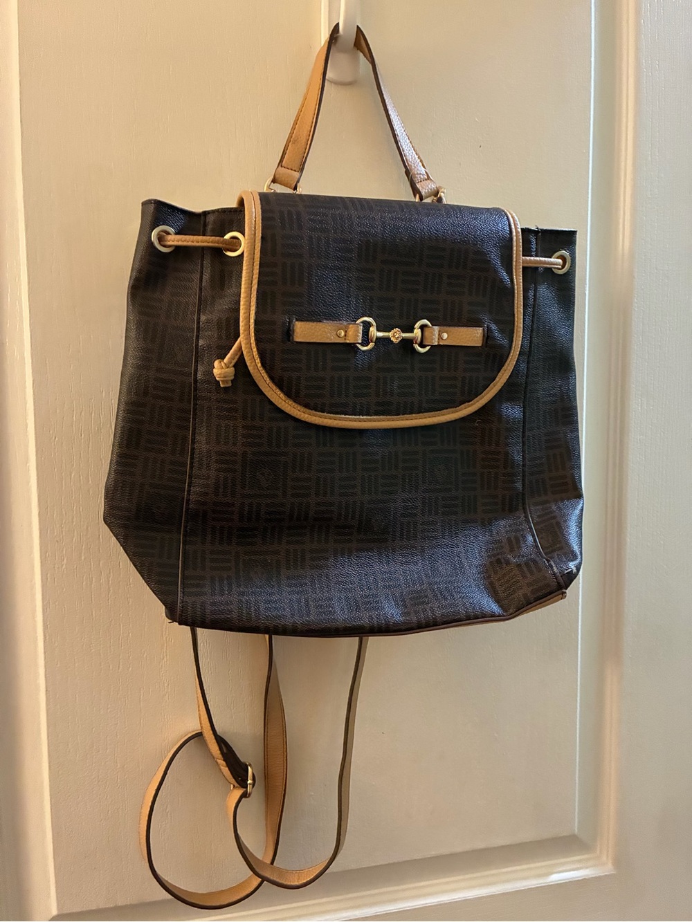 Anne Klein’s Women's Dark Brown Drawstring Backpack with Tan Trim